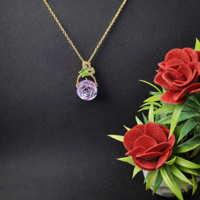 KOOBERAZ Premium Golden Plated Purple Rose Pendant | Anti-Tarnish Stainless Steel Necklace for Women