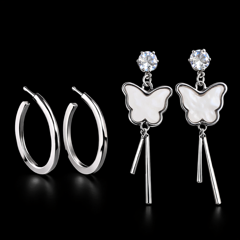 Elegant Silver-Tone Hoop & Butterfly Tassel Earrings Combo for Women (Set of 2)