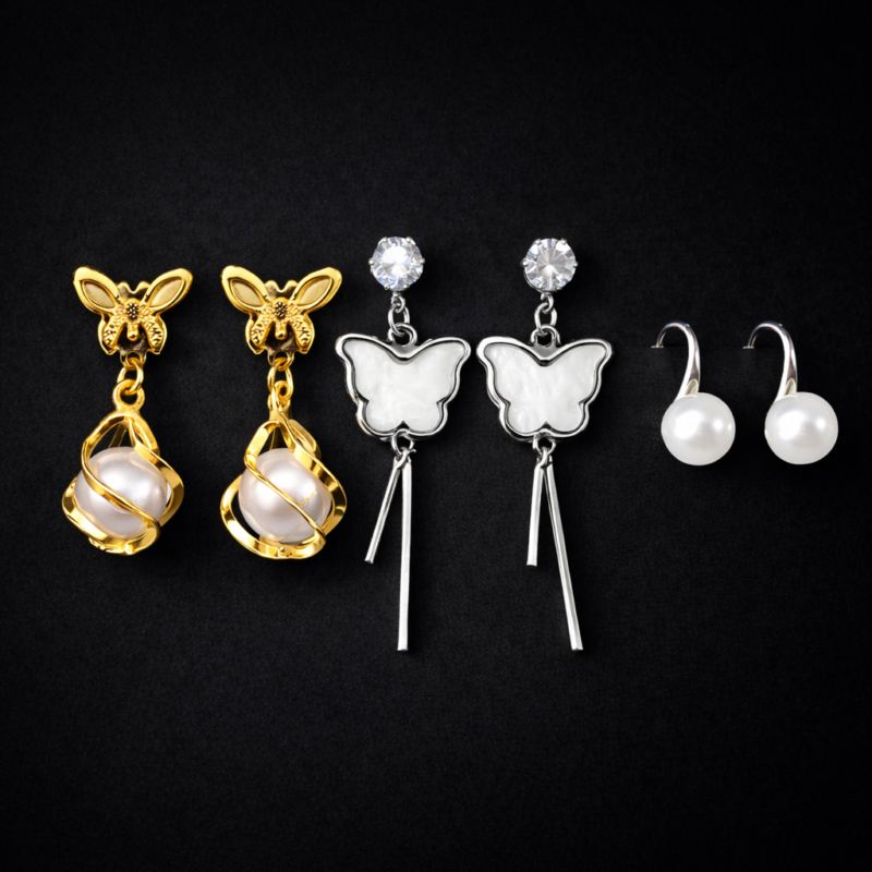 Elegant Butterfly & Pearl Drop Earrings Combo for Women (Set of 3 Pairs)