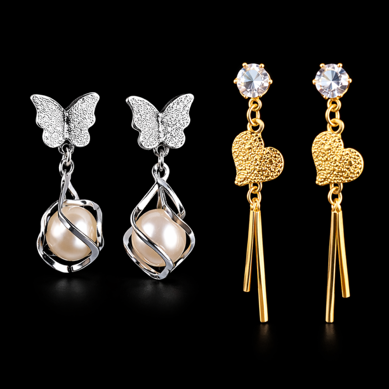 Elegant Butterfly Pearl & Heart Tassel Earrings Combo for Women (Set of 2)